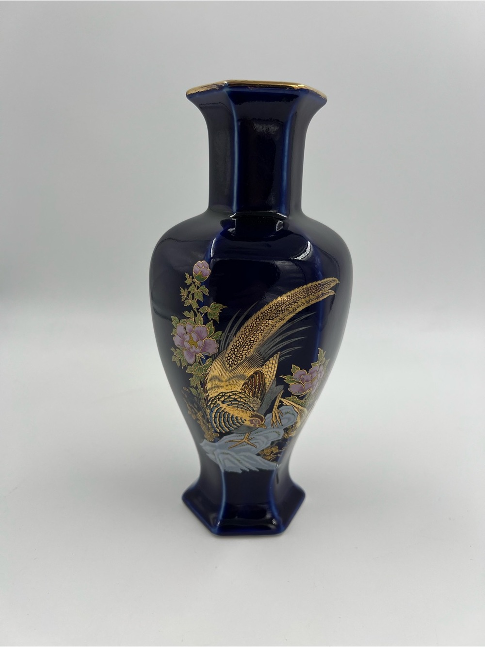 Vintage Japanese Blue Cobalt Porcelain Floral Gold Pheasant Vase 8” Tall